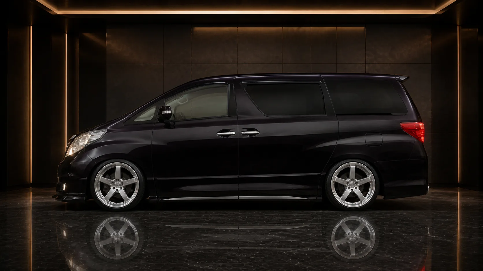 Midnight Amethyst Toyota Alphard 20 early Grand side-step AI concept visual