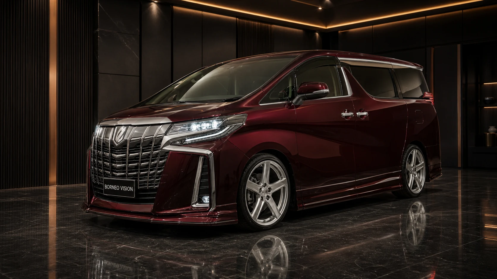 Deep Burgundy Toyota Alphard 30 facelift aero-grade executive three-piece complete front AI concept visual