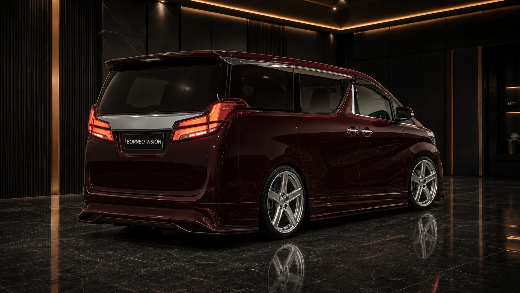 Deep Burgundy Toyota Alphard 30 facelift deep rear-bumper AI concept visual