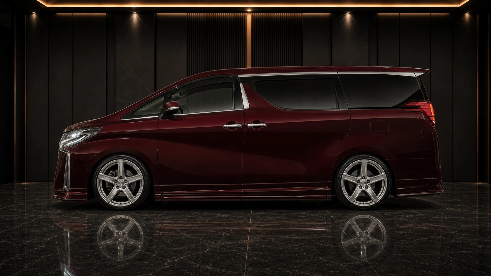 Deep Burgundy Toyota Alphard 30 facelift six-piece aero-grade side-skirt AI concept visual