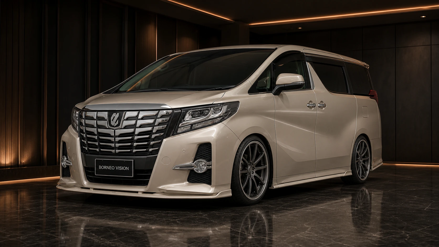 Champagne Titanium Toyota Alphard 30 pre-facelift aero-grade three-piece under aero front AI concept visual