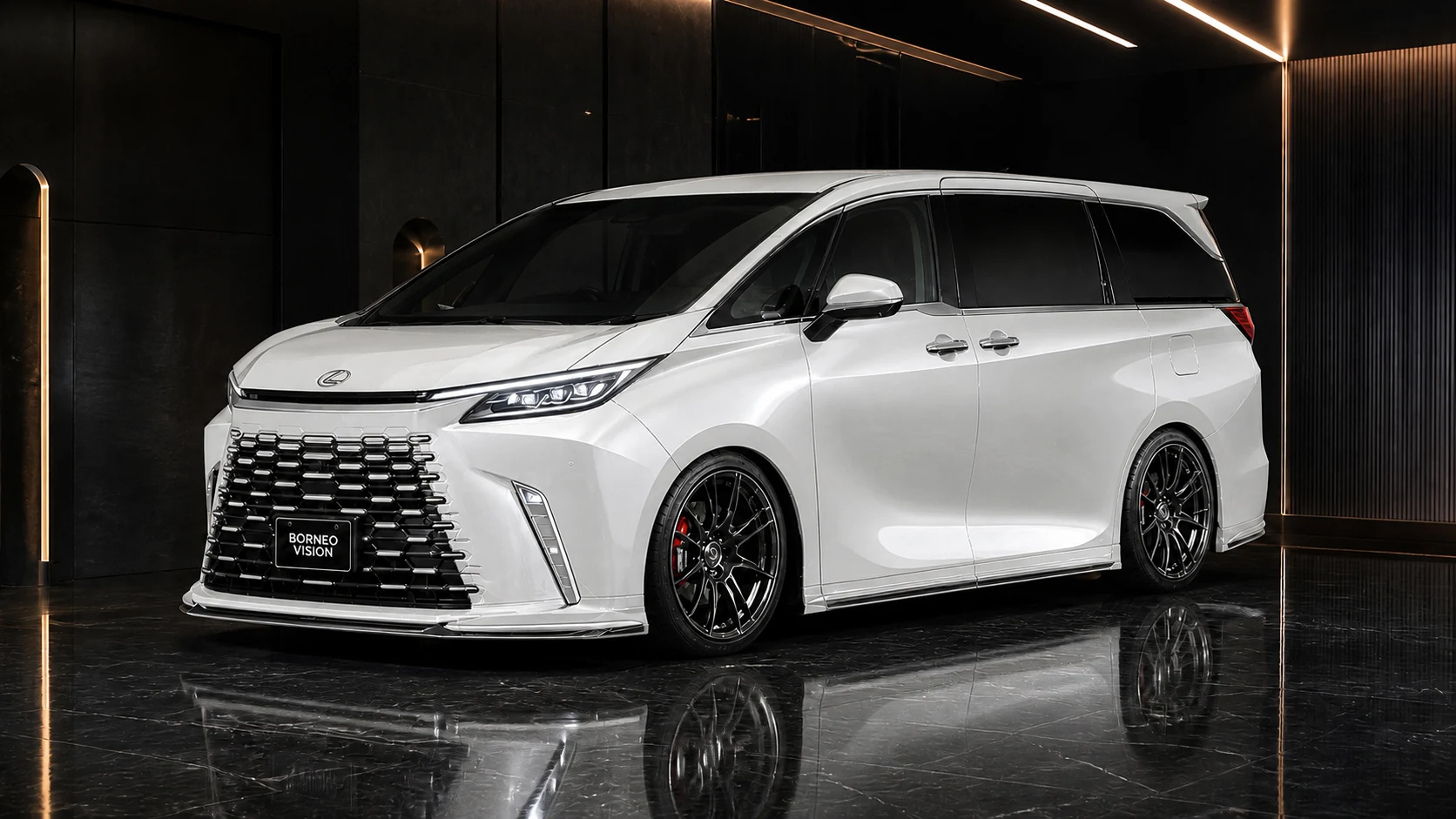 Lexus LM500h Executive 3-Piece Aero front three-quarter AI concept visual