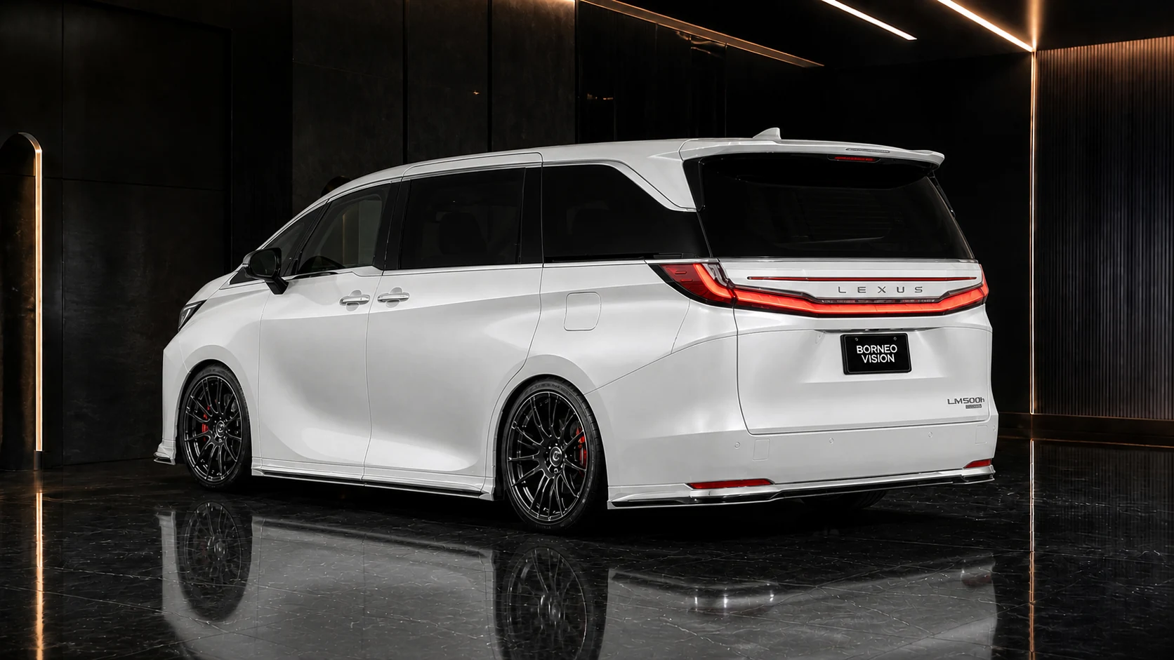 Lexus LM500h Executive 3-Piece Aero rear three-quarter AI concept visual