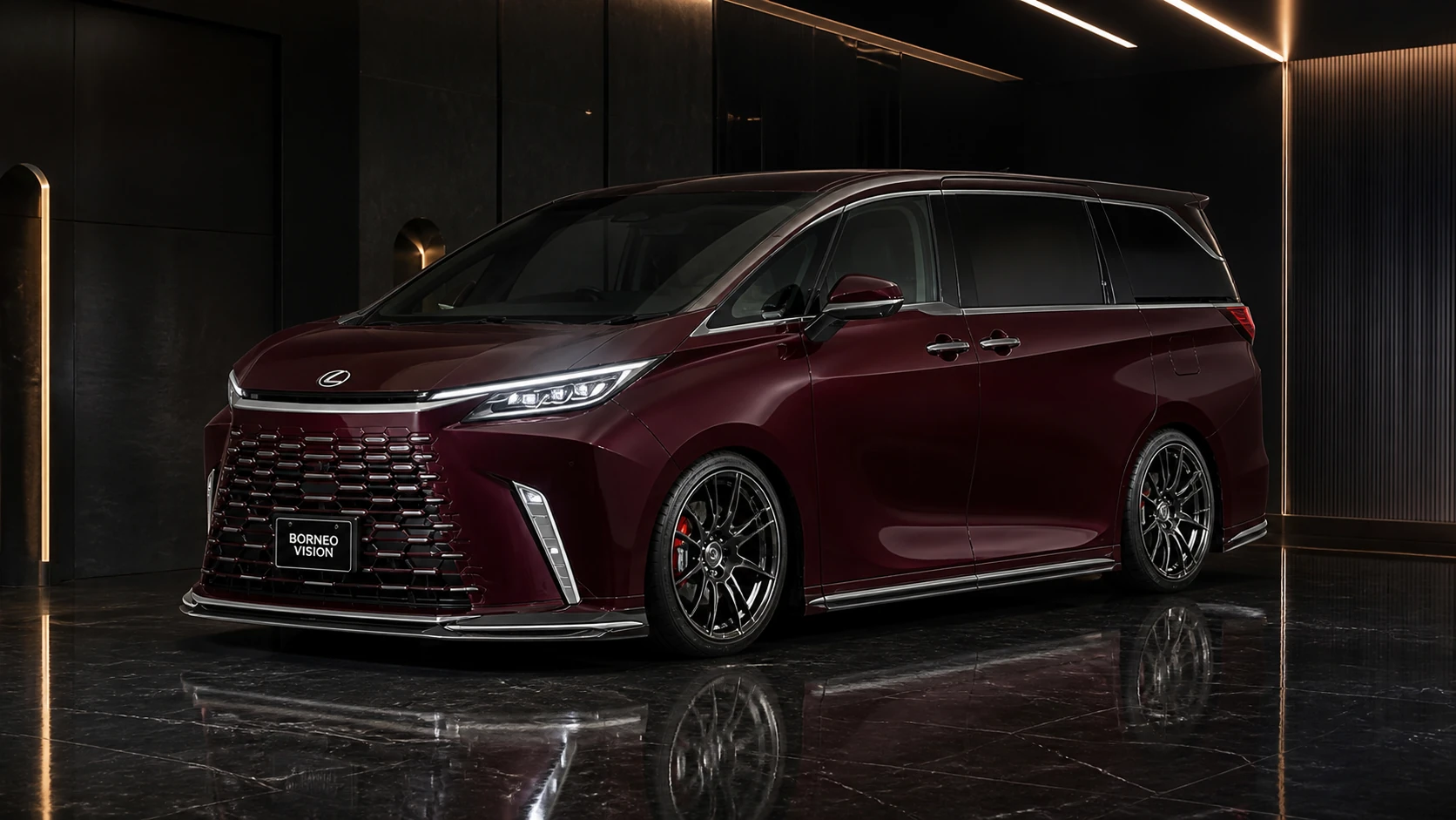 Lexus LM500h Executive 5-Piece Aero front three-quarter AI concept visual