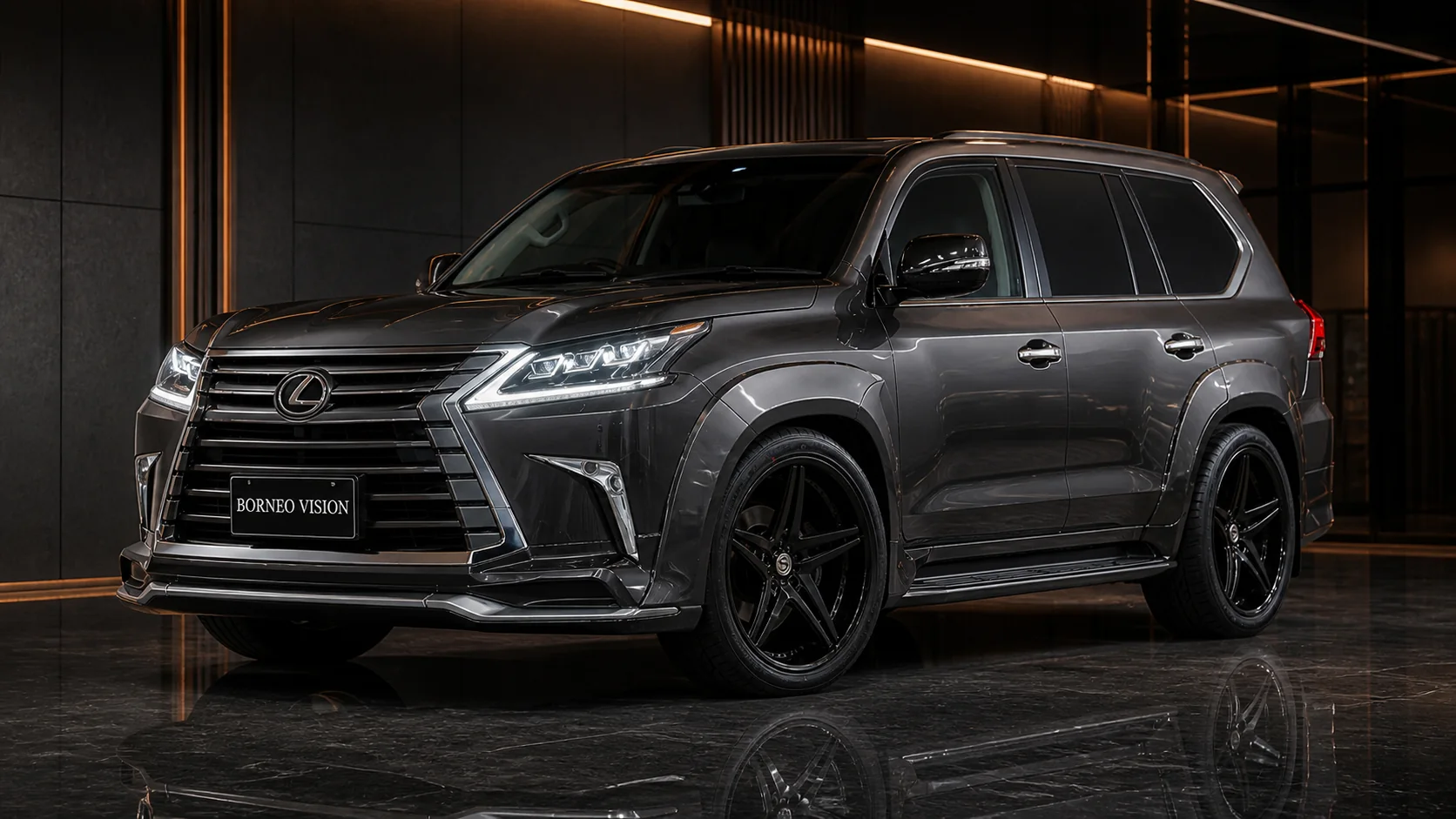 Lexus LX570 factory aero-compatible wide-fender front three-quarter AI concept visual