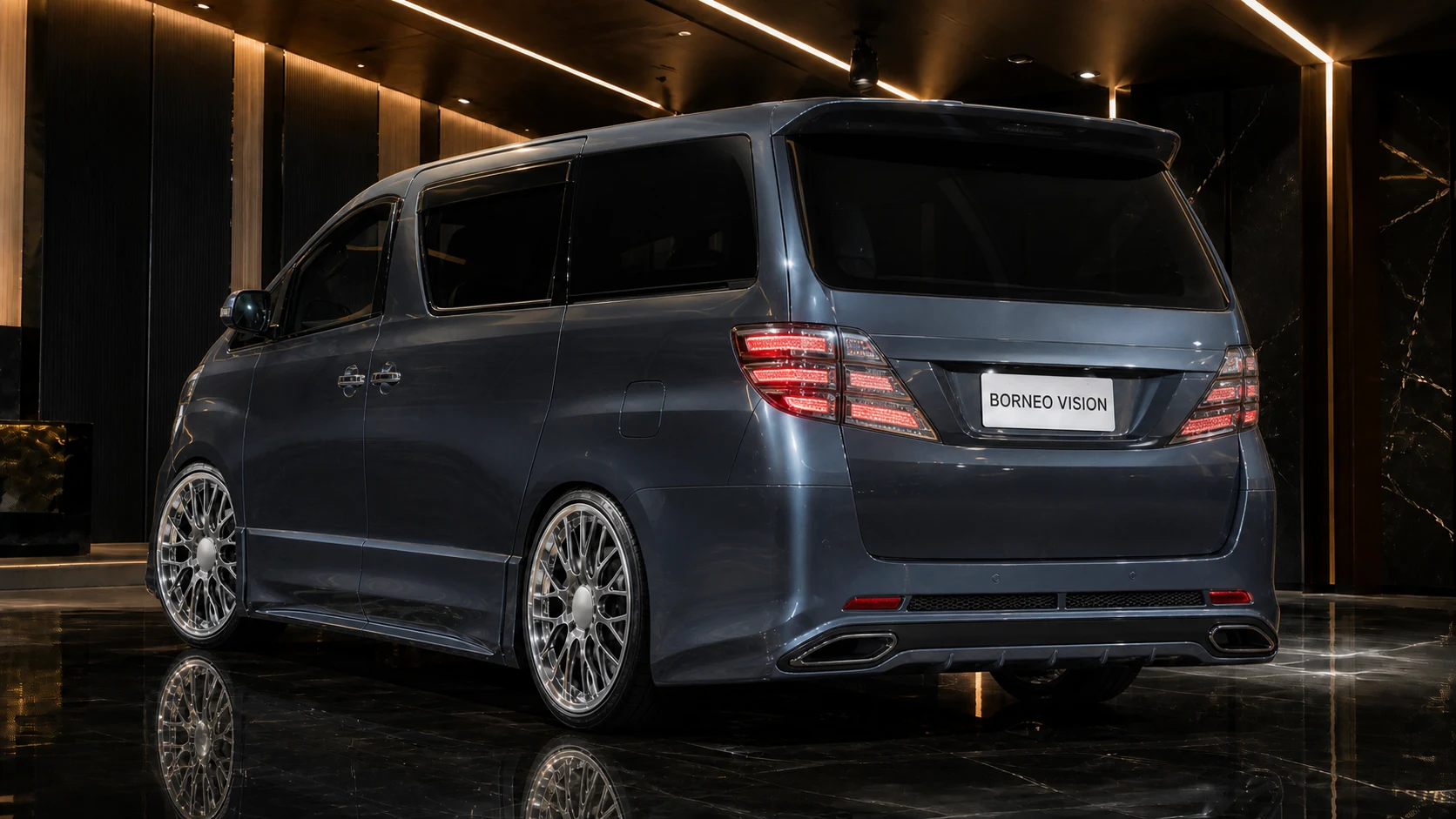Titanium Blue-Grey Toyota Vellfire 20 early Grand Tourer Type I capped-finisher rear AI concept visual