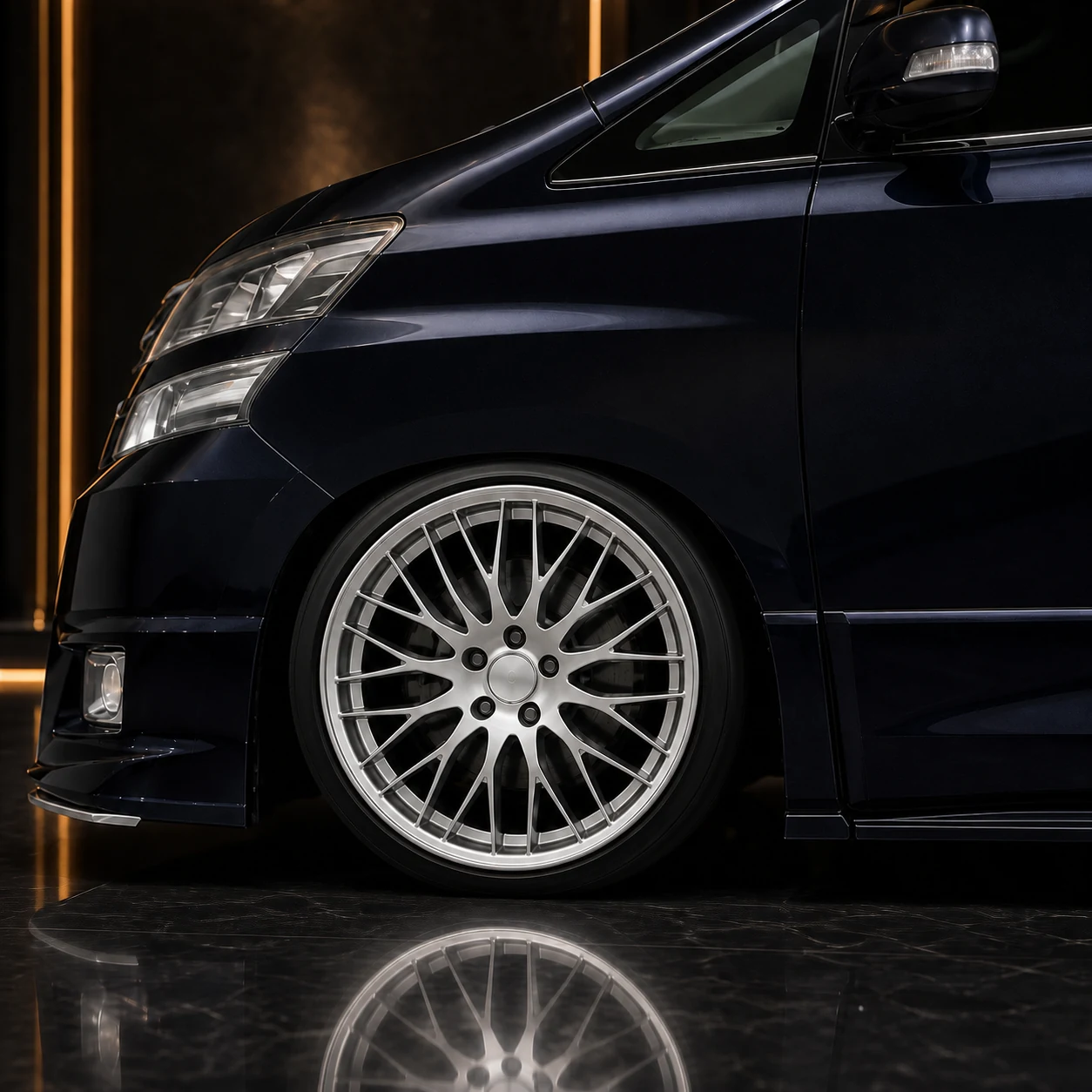Toyota Vellfire 20 late unbranded silver wheel arch and side-step AI concept detail