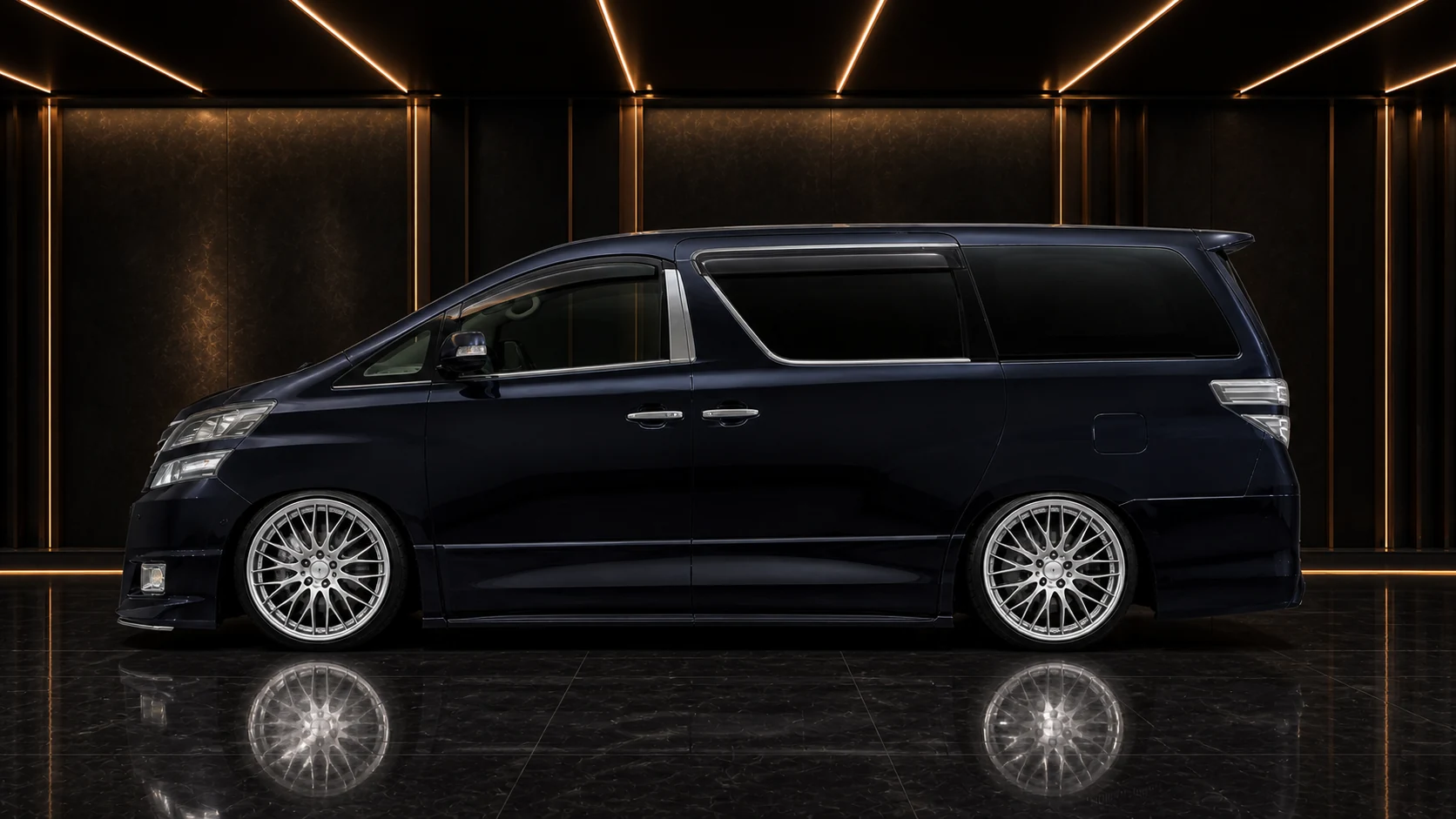 Midnight Sapphire Toyota Vellfire 20 late full-length side-step AI concept visual