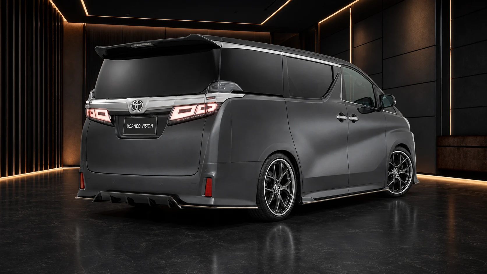 Titanium Grey Toyota Vellfire 30 facelift concealed-exhaust rear-under AI concept visual