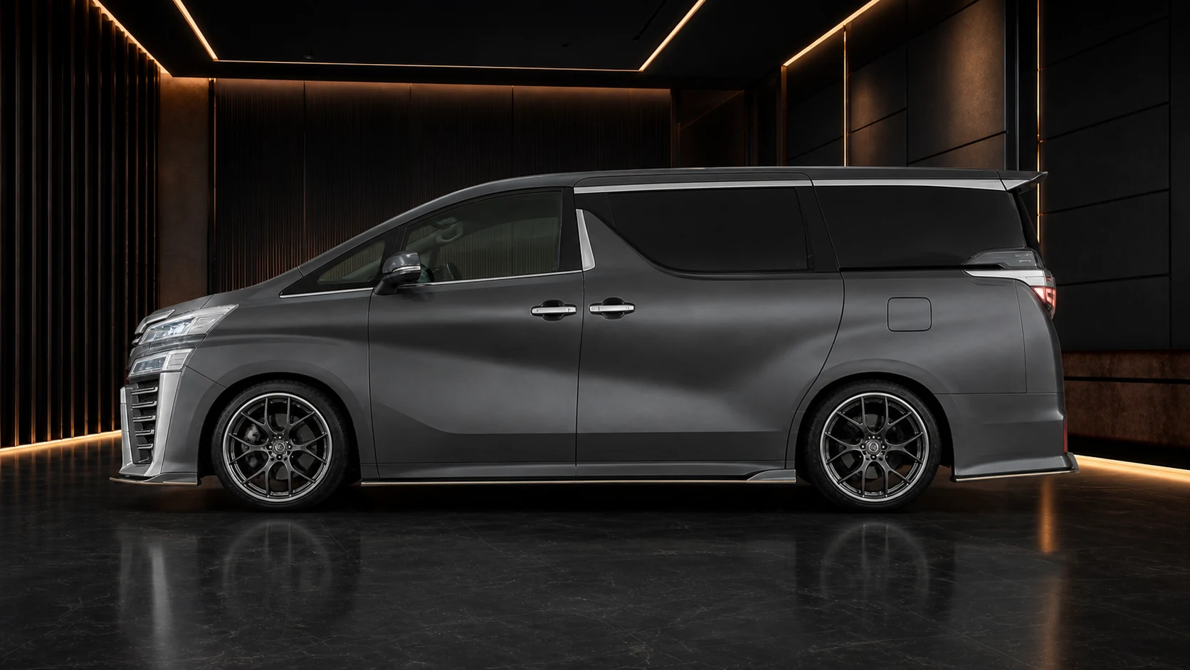 Titanium Grey Toyota Vellfire 30 facelift straight side-under AI concept visual