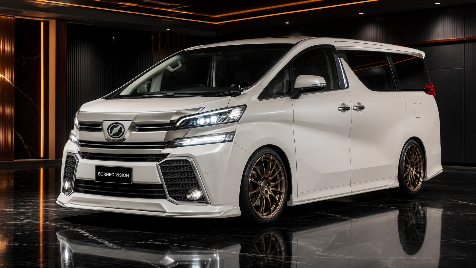 Pearl White Toyota Vellfire 30 pre-facelift Z-grade three-piece under-aero front AI concept visual
