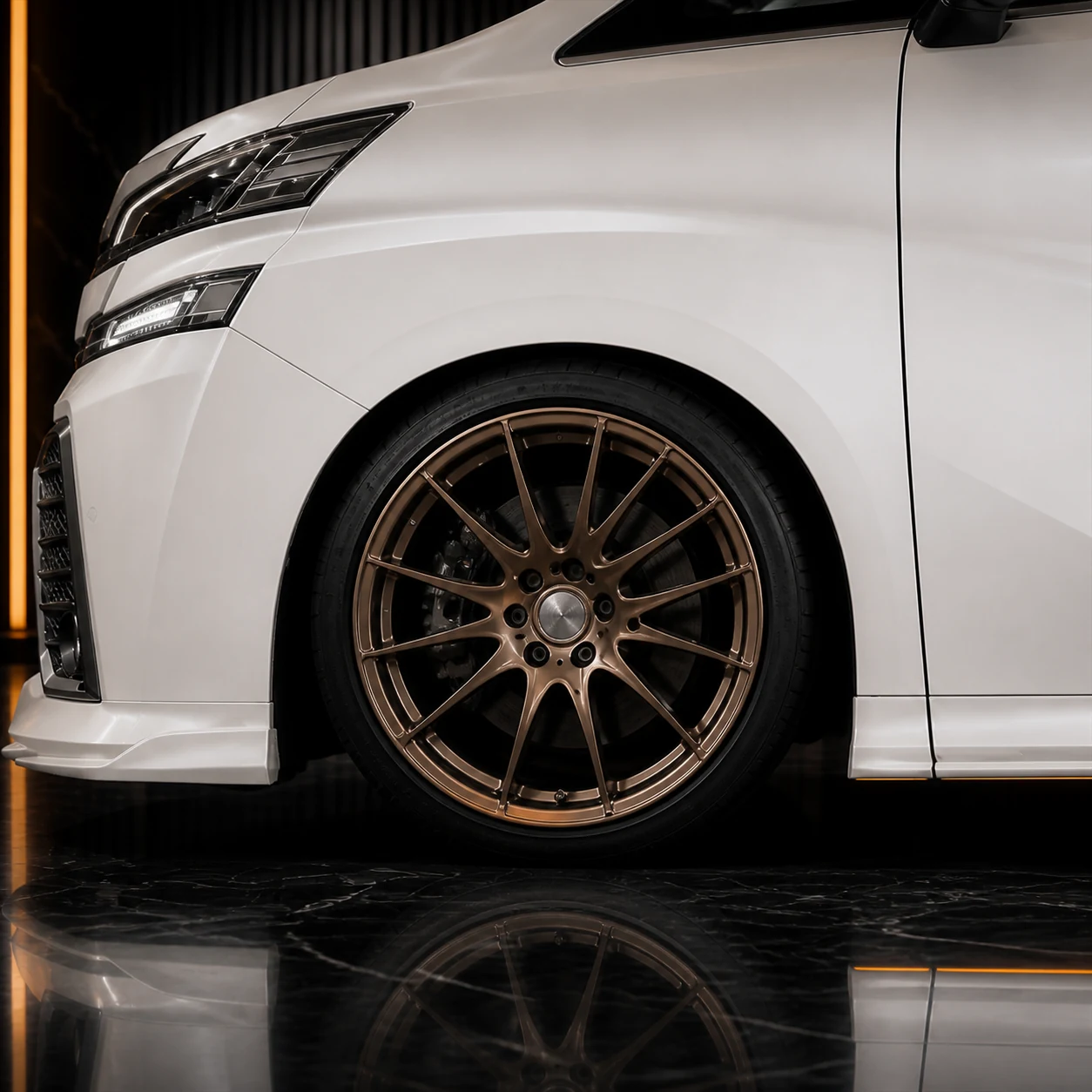 Toyota Vellfire 30 pre-facelift bronze wheel arch and side-under AI concept detail