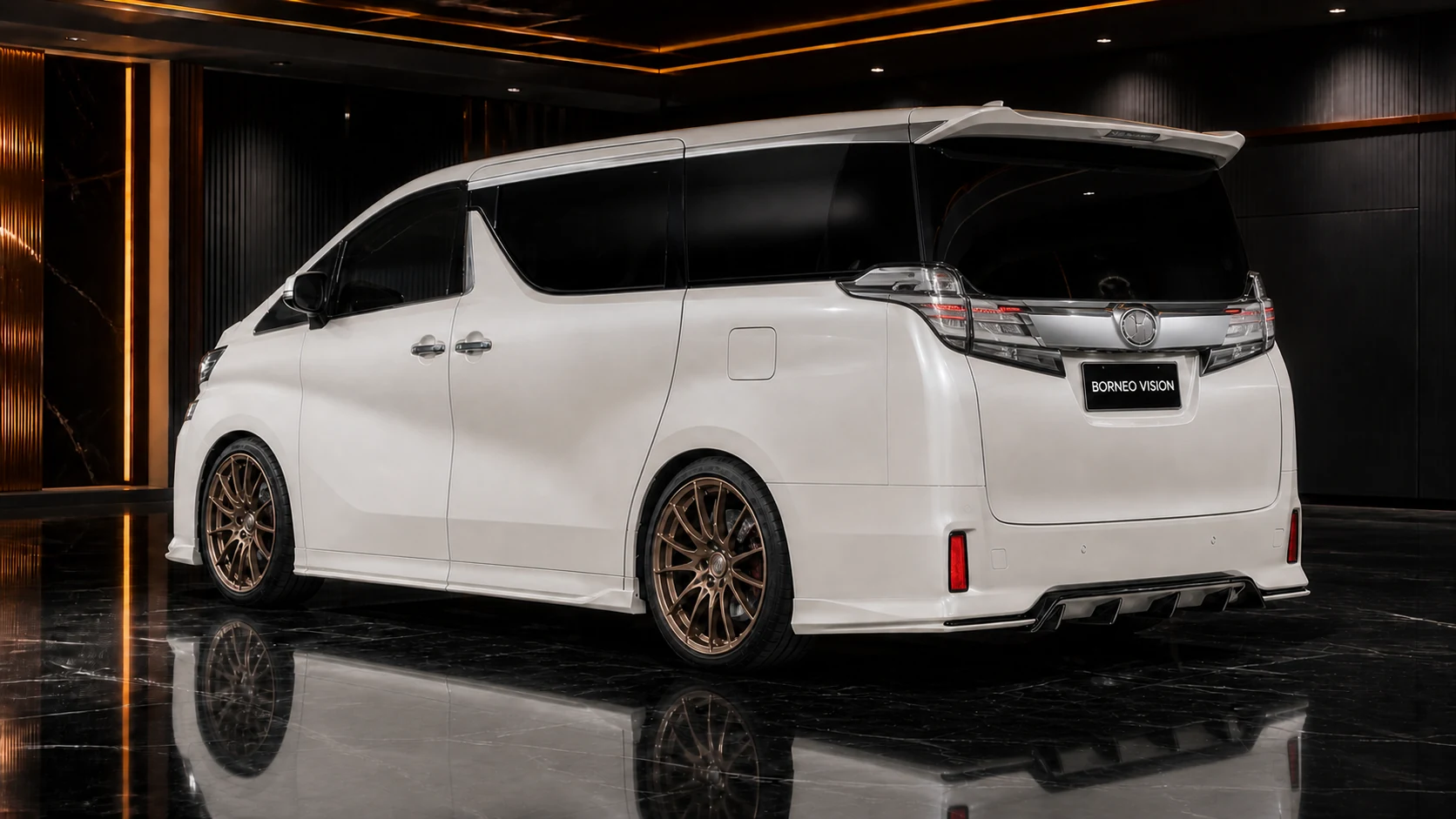 Pearl White Toyota Vellfire 30 pre-facelift clear-lamp concealed-exhaust rear AI concept visual