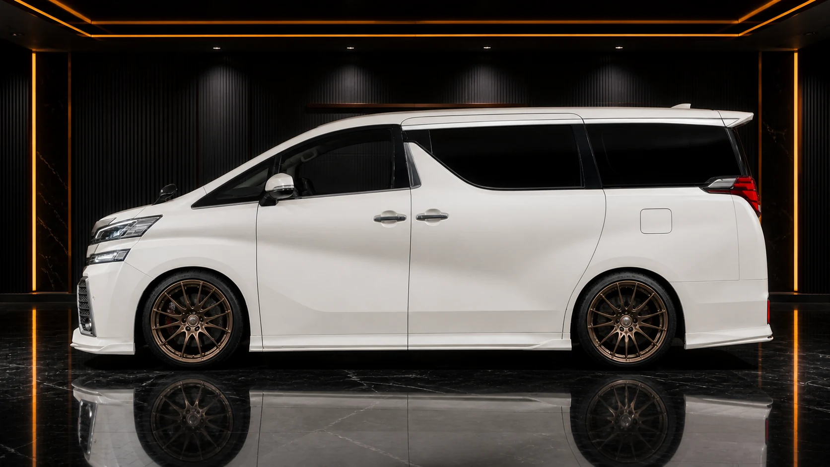 Pearl White Toyota Vellfire 30 pre-facelift straight side-under AI concept visual