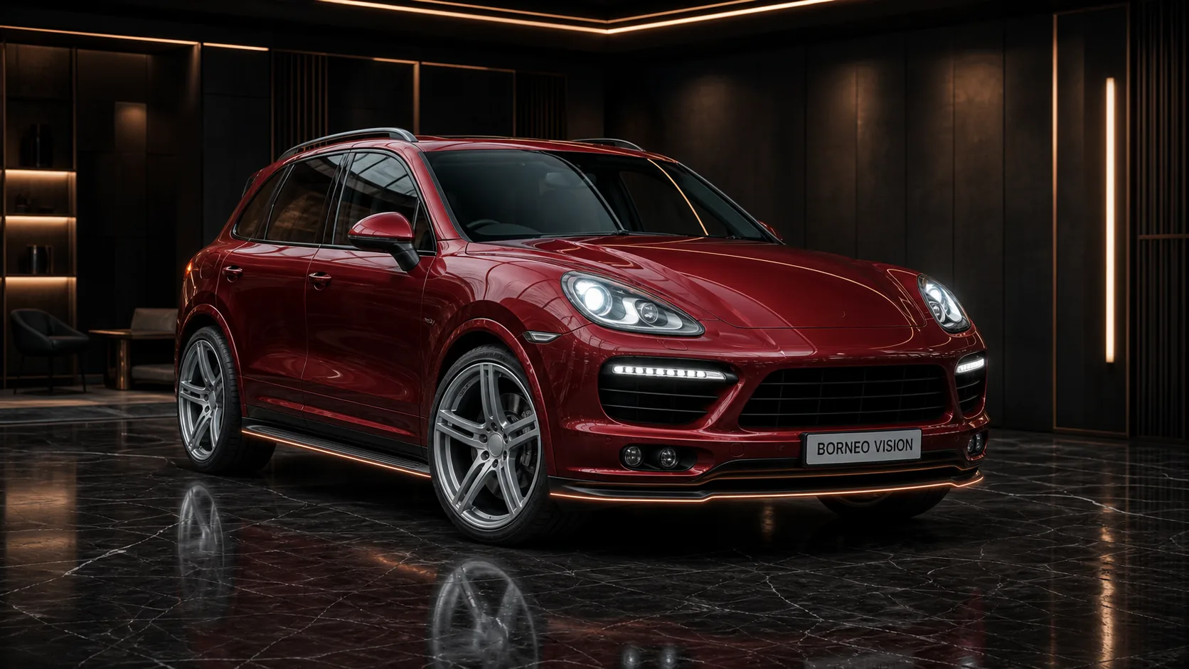 Deep Garnet Red Porsche Cayenne Turbo 958 Black Label factory-width Core Aero 3P front AI concept visual