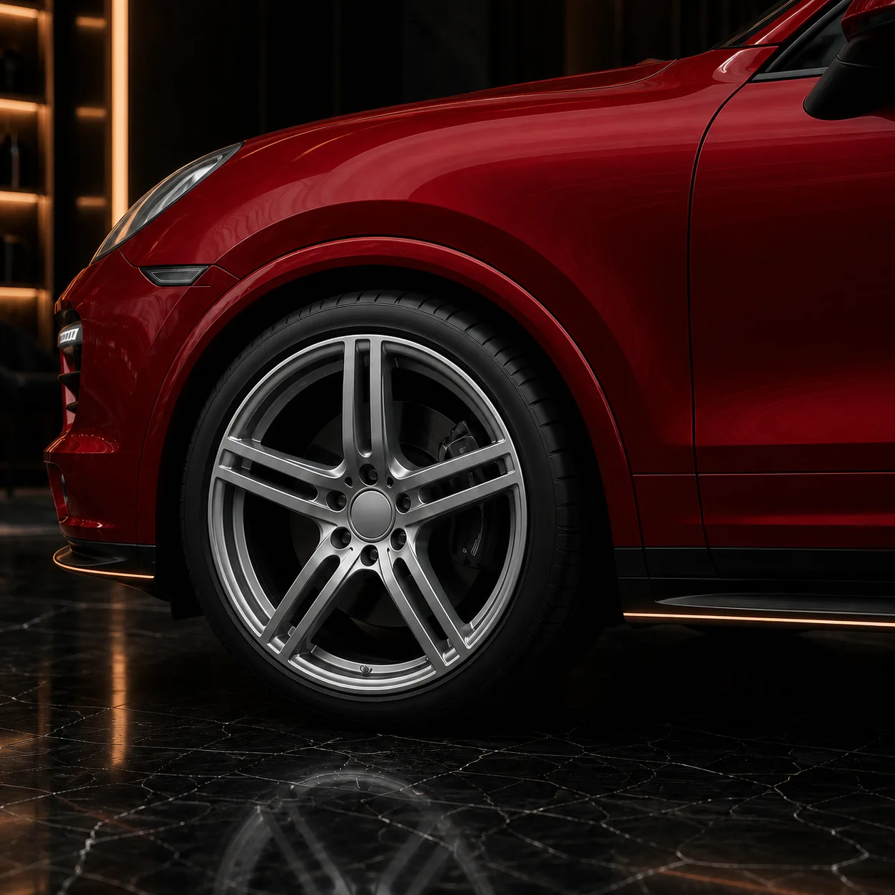 Porsche Cayenne Turbo 958 silver wheel factory metal arch and side-under AI concept detail