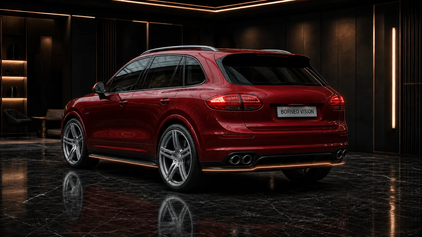 Porsche Cayenne Turbo 958 Core Aero rear half without gate spoiler and four round outlets AI concept visual