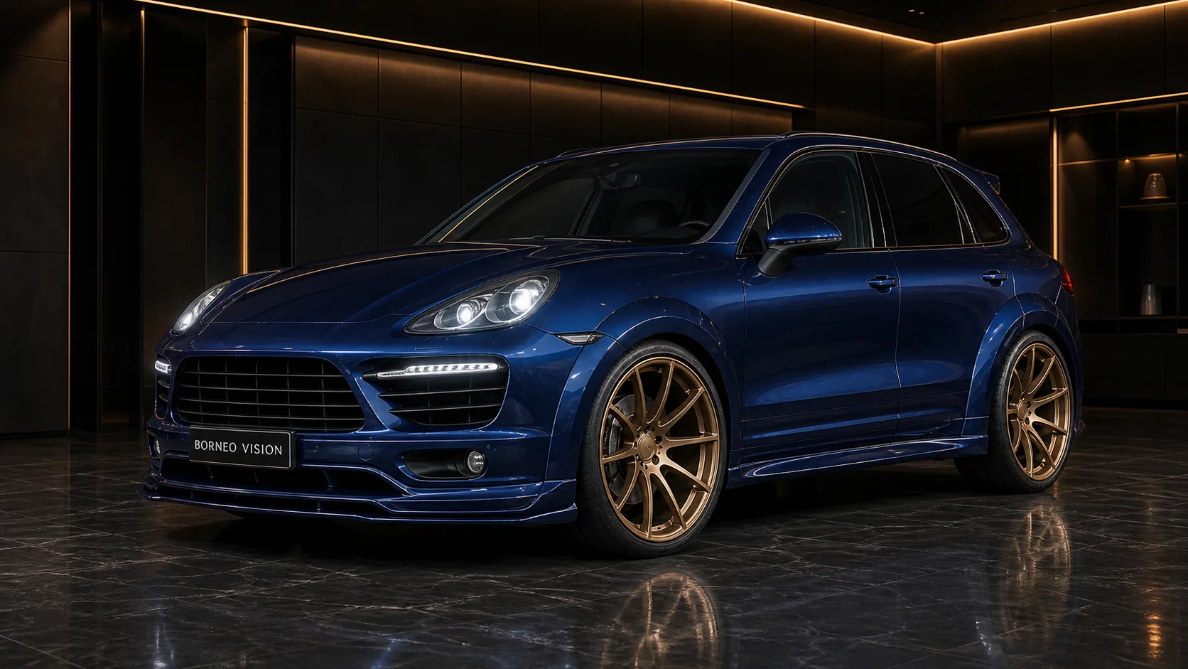 Deep Sapphire Blue Porsche Cayenne Turbo 958 Black Label Widebody 5P front AI concept visual