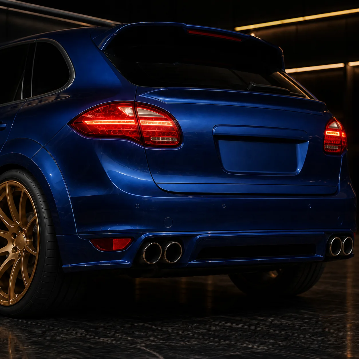 Porsche Cayenne Turbo 958 rear gate spoiler quad round outlets and rear half AI concept detail
