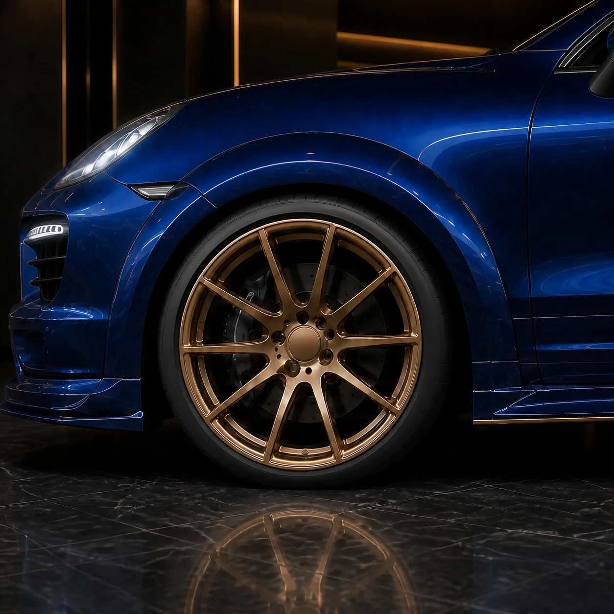 Porsche Cayenne Turbo 958 satin-bronze wheel smooth front flare and side-under AI concept detail