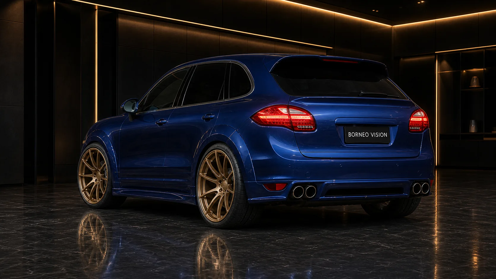 Deep Sapphire Blue Porsche Cayenne Turbo 958 rear half gate spoiler and wide arch AI concept visual