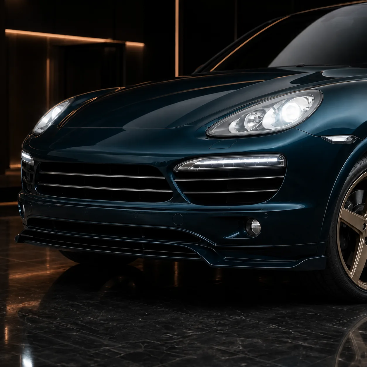 Porsche Cayenne V6 958 horizontal-grille bumper and stepped front half AI concept detail