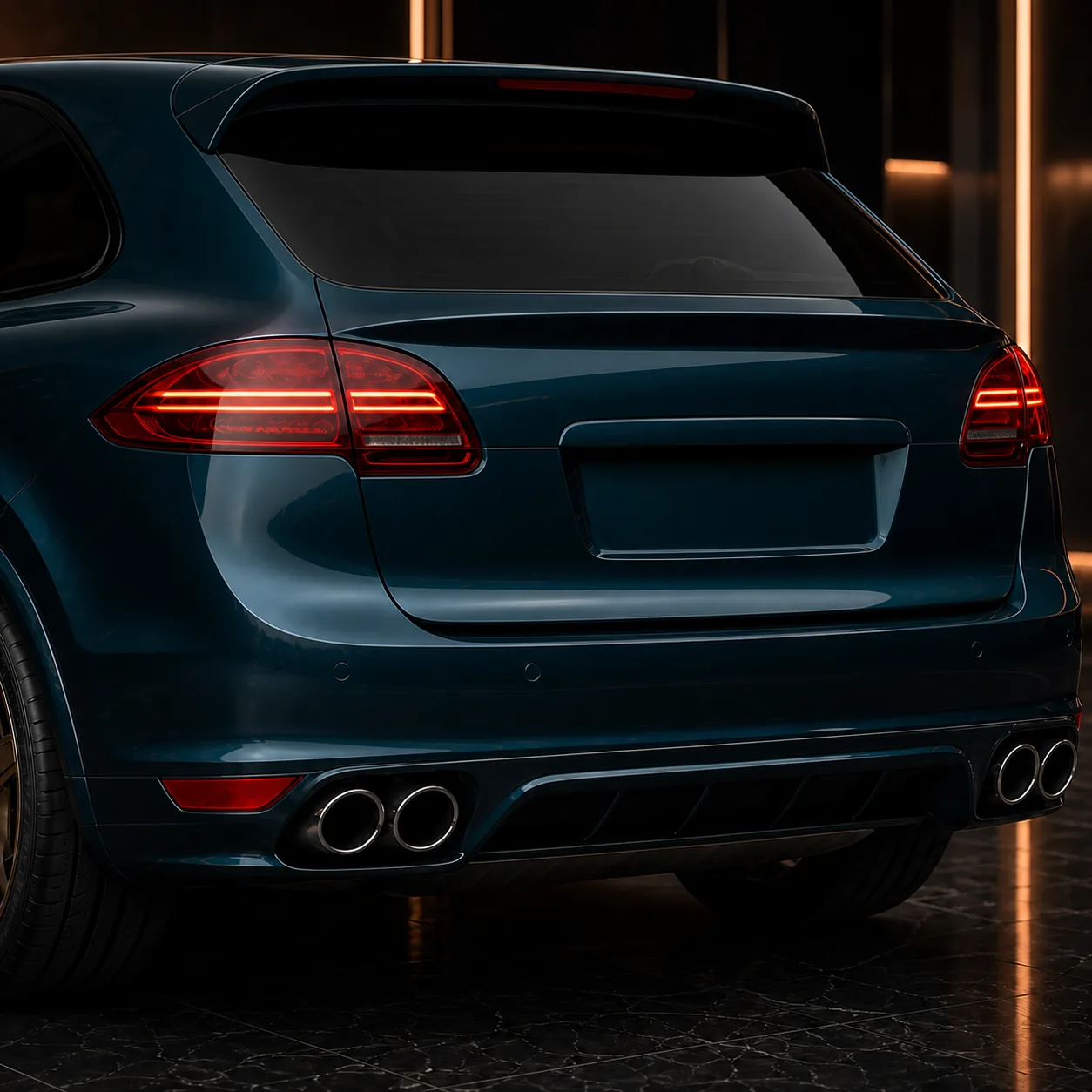 Porsche Cayenne V6 958 low gate spoiler rear half and four round outlets AI concept detail