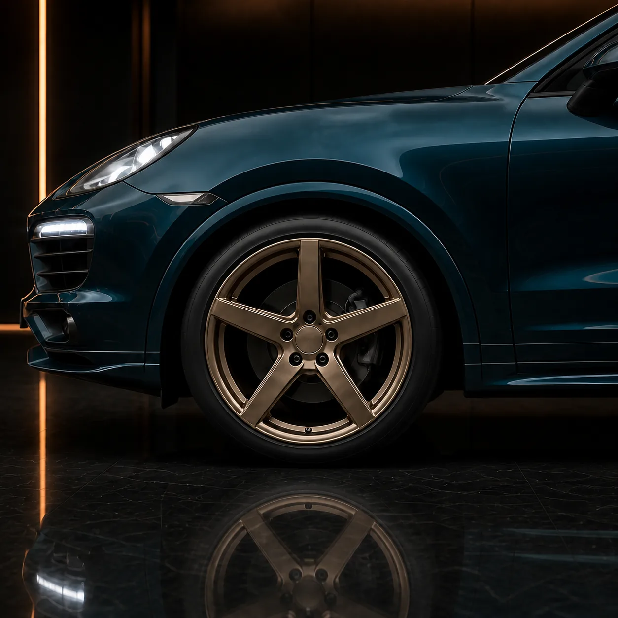 Porsche Cayenne V6 958 bronze wheel factory metal arch and side-under AI concept detail