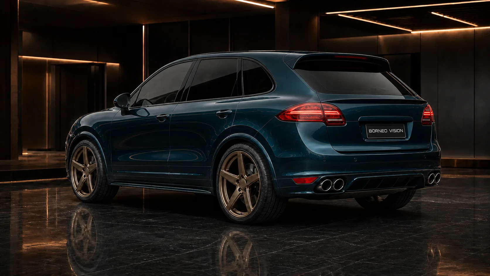 Porsche Cayenne V6 958 factory-width rear half low gate spoiler and four round outlets AI concept visual