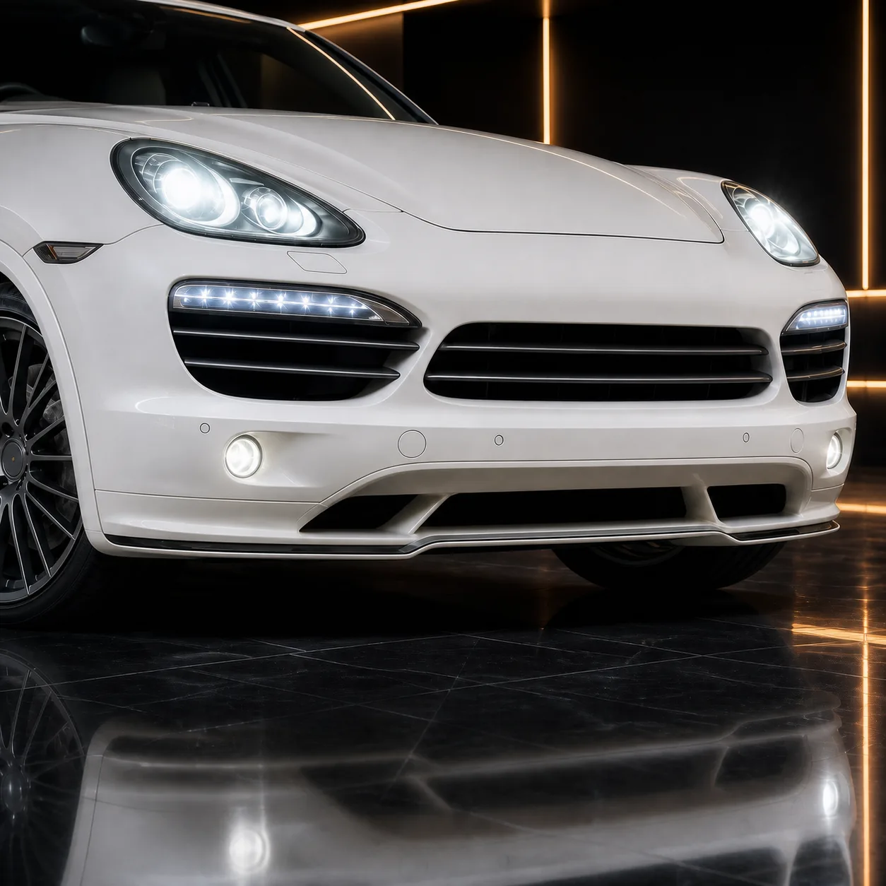Porsche Cayenne V6 958 horizontal-grille bumper and stepped front half AI concept detail