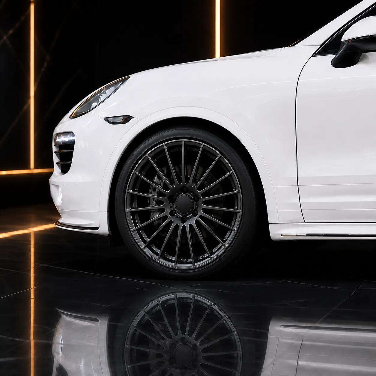 Porsche Cayenne V6 958 graphite wheel factory metal arch and side-under AI concept detail