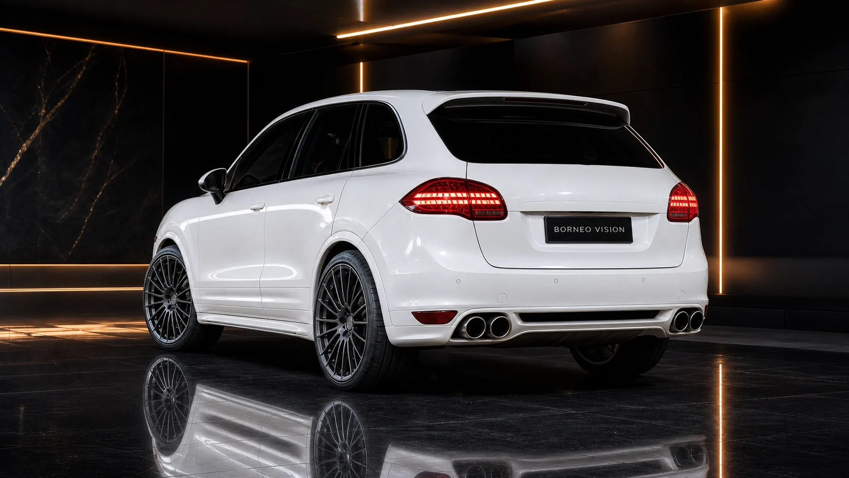 Porsche Cayenne V6 958 Core Aero rear half without gate spoiler and four round outlets AI concept visual