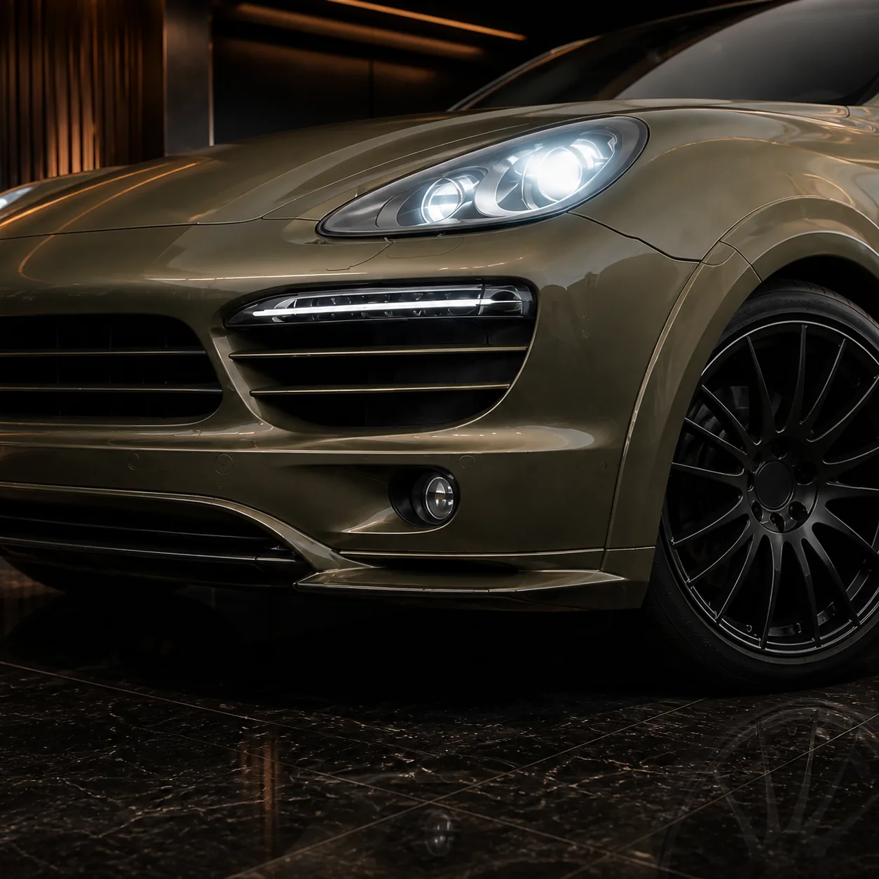 Porsche Cayenne V6 958 horizontal-grille bumper and stepped front half AI concept detail