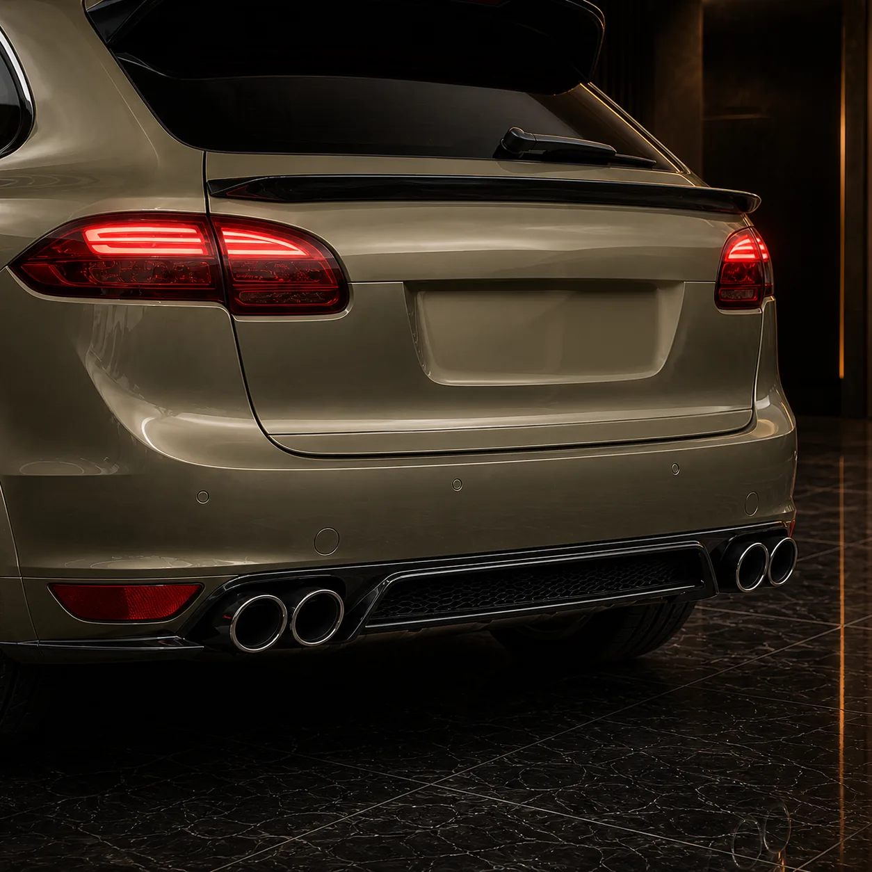 Porsche Cayenne V6 958 low gate spoiler rear half and four round outlets AI concept detail