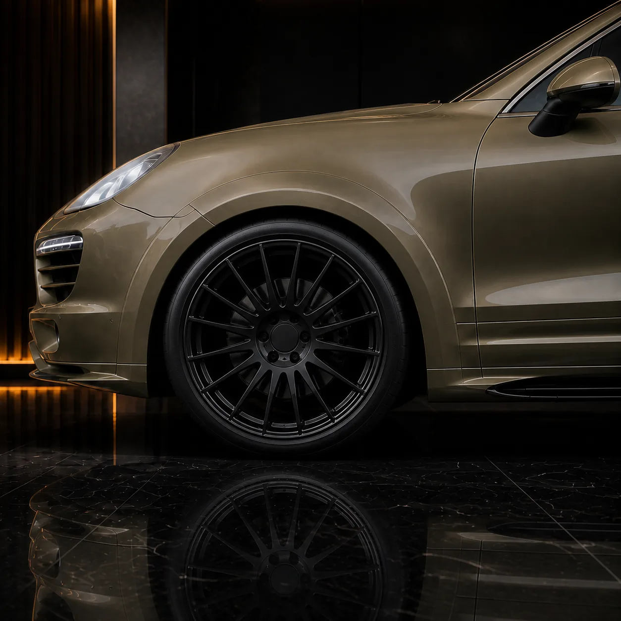 Porsche Cayenne V6 958 black wheel smooth front overfender and side-under AI concept detail