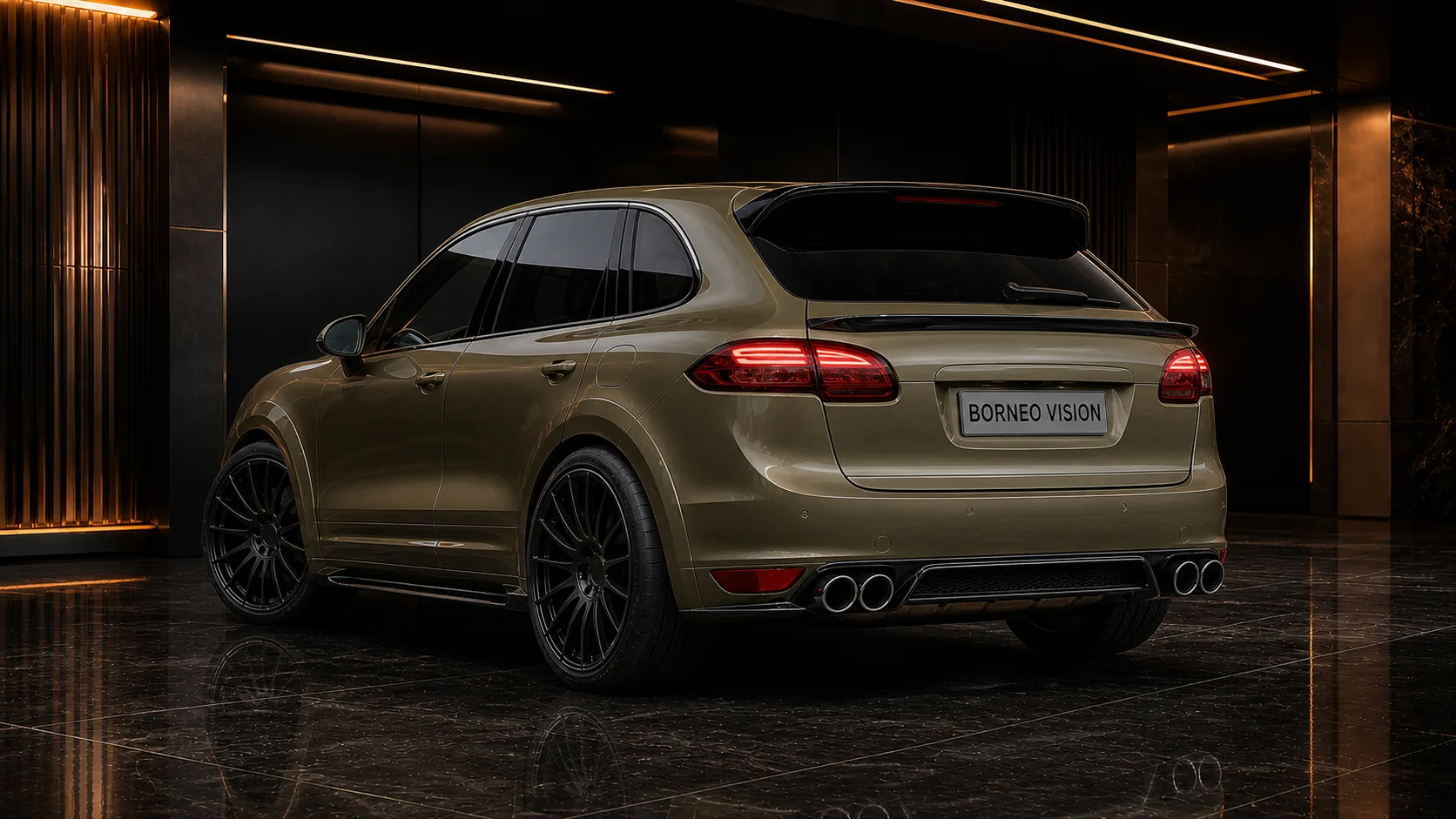 Porsche Cayenne V6 958 wide rear arches gate spoiler and four round outlets AI concept visual