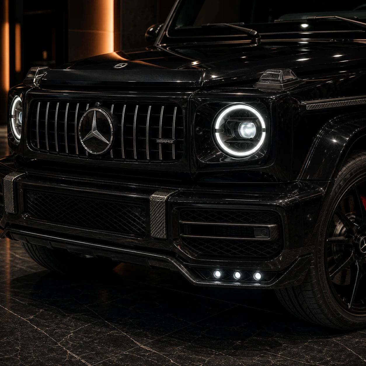 Mercedes-AMG G63 carbon bumper covers trim and six-lamp FRP front spoiler AI concept detail