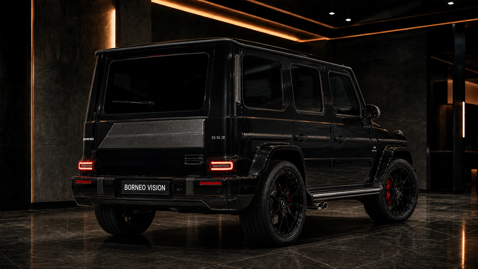 Obsidian Black Mercedes-AMG G63 carbon spare-delete gate and rear accents AI concept visual