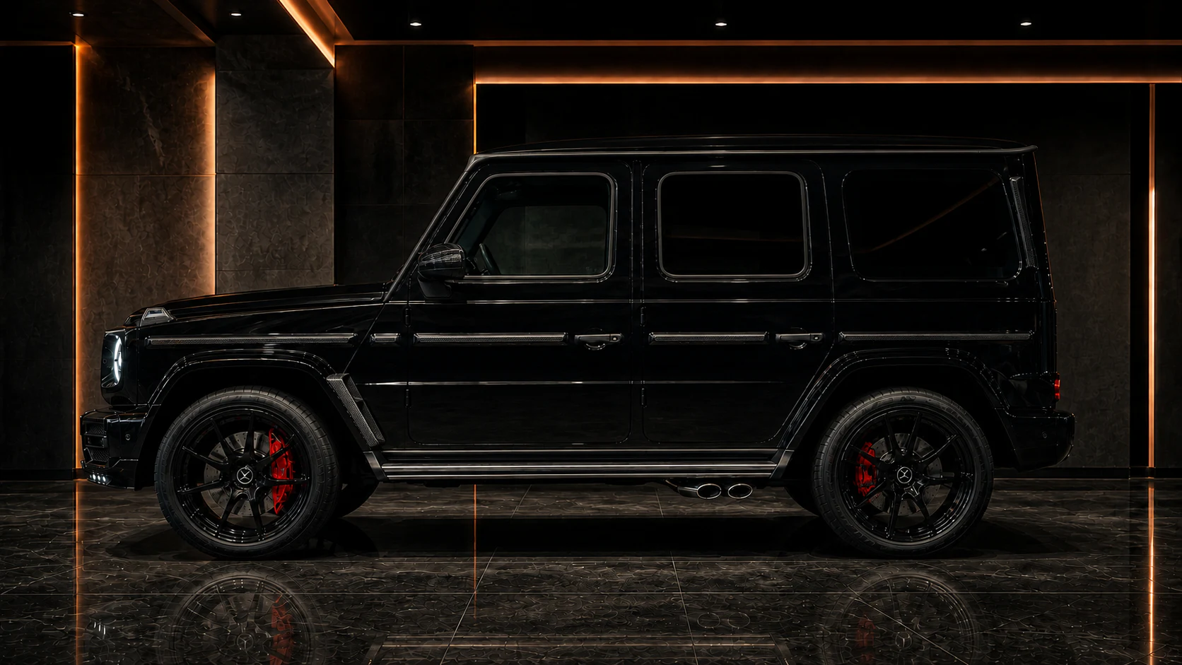 Obsidian Black Mercedes-AMG G63 carbon moulding fender and vent accents AI concept side visual