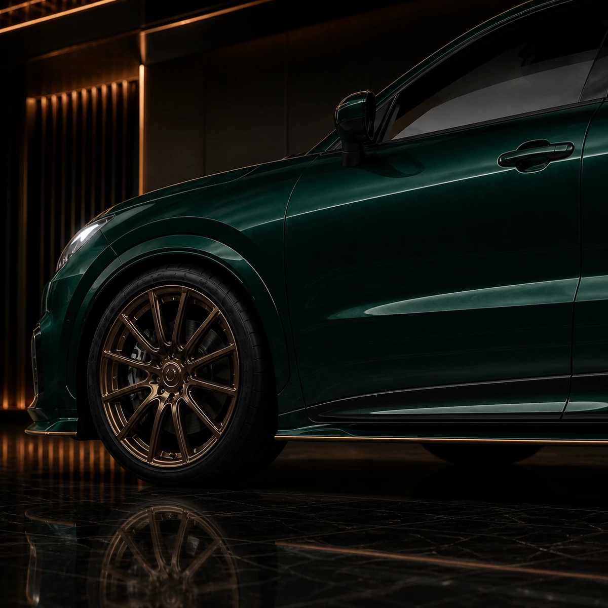 Deep Emerald Lexus LBX factory-width arch bronze wheel and side under diffuser AI concept detail