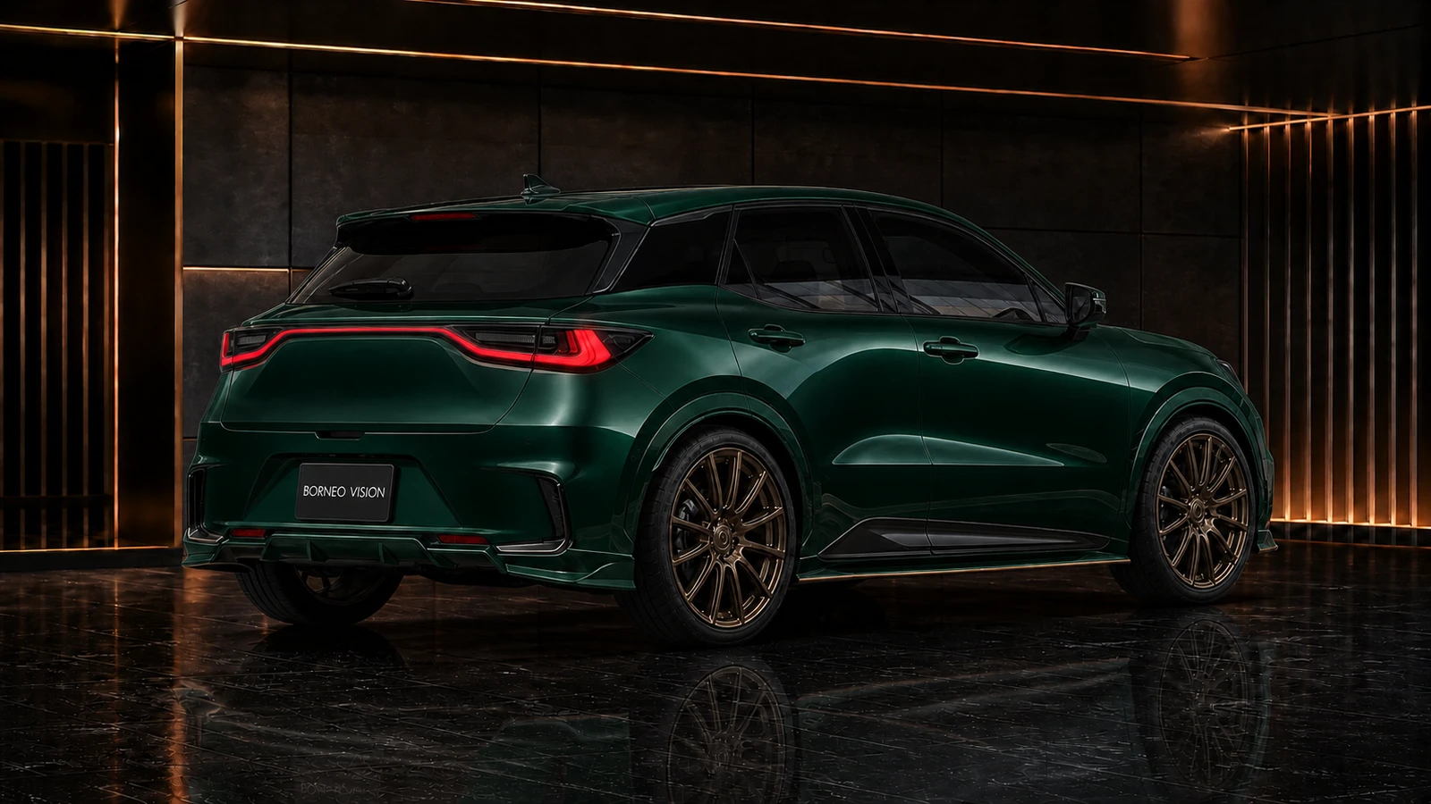Deep Emerald Lexus LBX FRP Recommended clean OEM upper rear and lower diffusers AI concept view