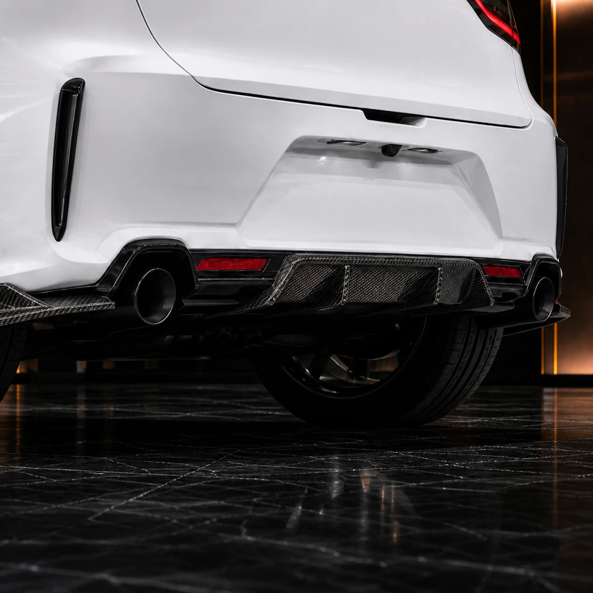 Lexus LBX Morizo RR CFRP Press rear diffusers with dark OEM exhaust AI concept detail