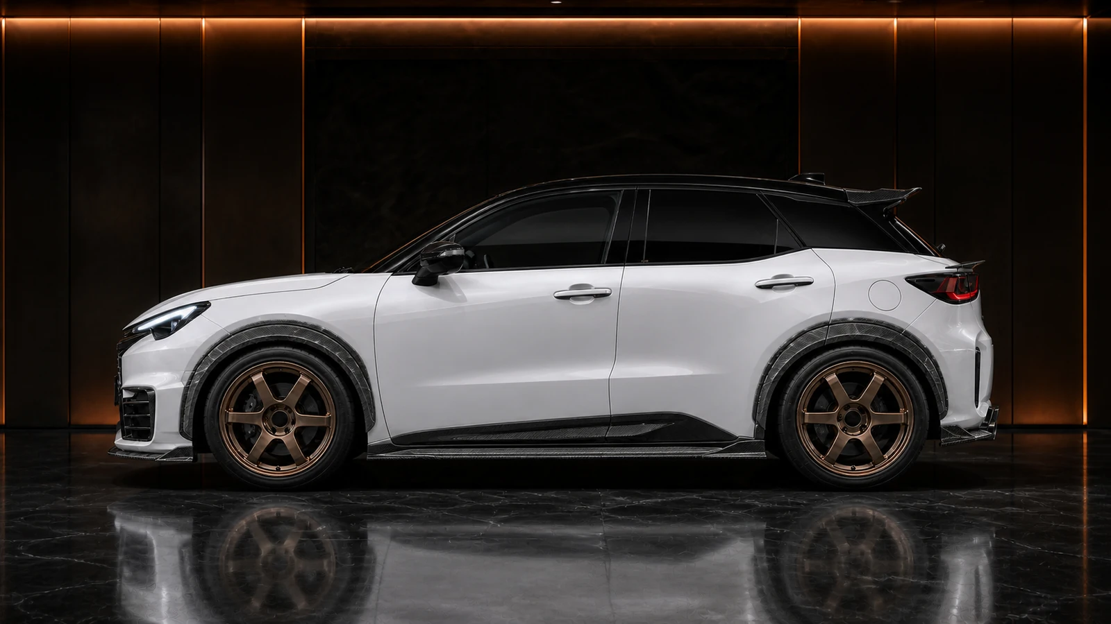 Lexus LBX Morizo RR exposed-carbon subtle wide-arch AI concept profile