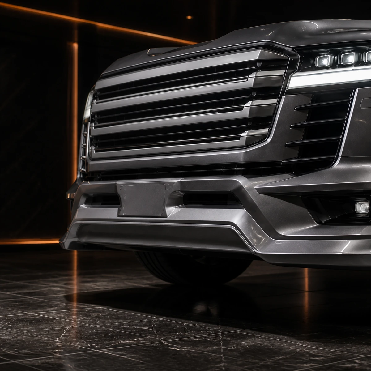 Land Cruiser 300 ZX Urban Titanium Grey front half spoiler and number-base AI concept detail