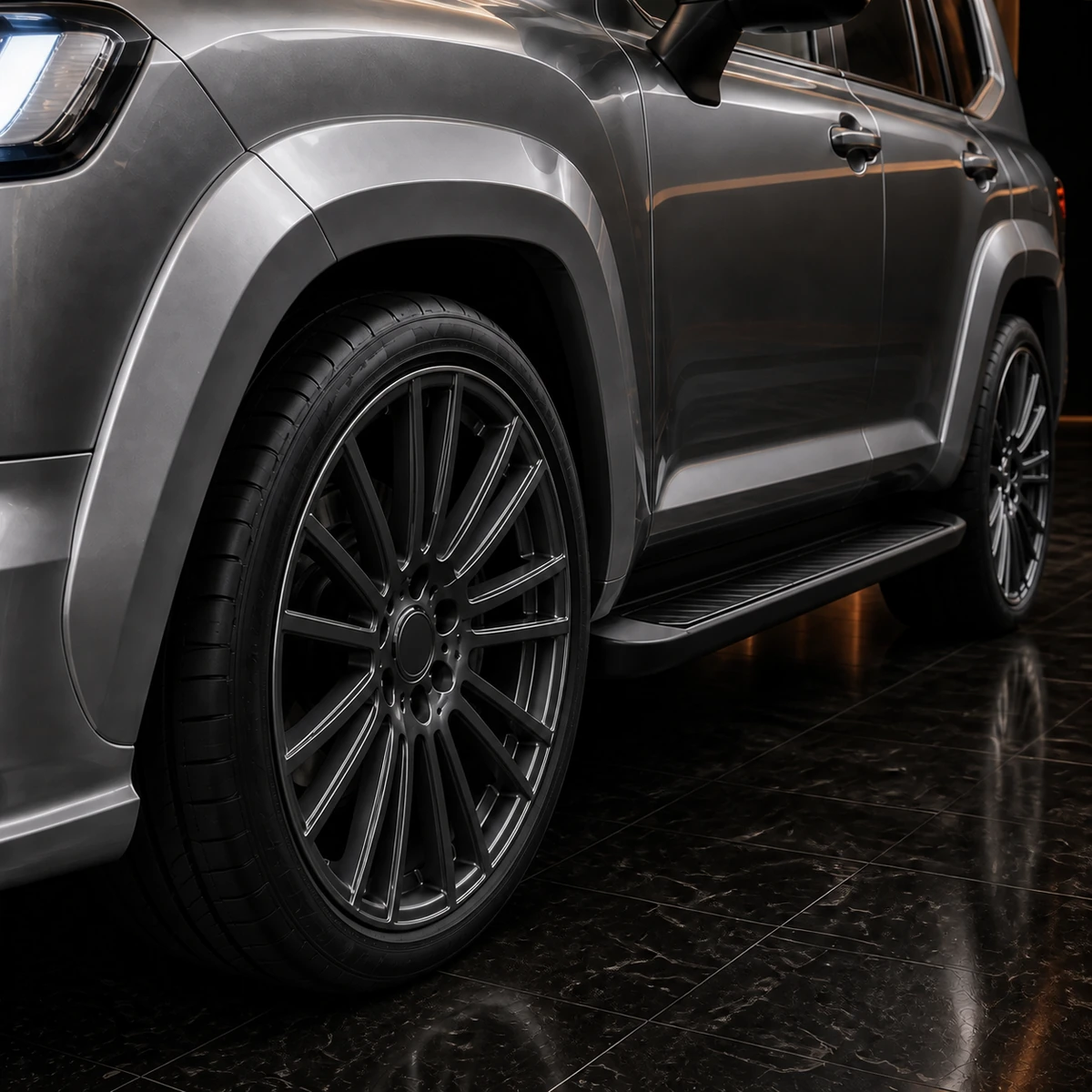 Land Cruiser 300 ZX Titanium Grey smooth plus 30 mm arch gunmetal wheel and factory running board AI concept detail