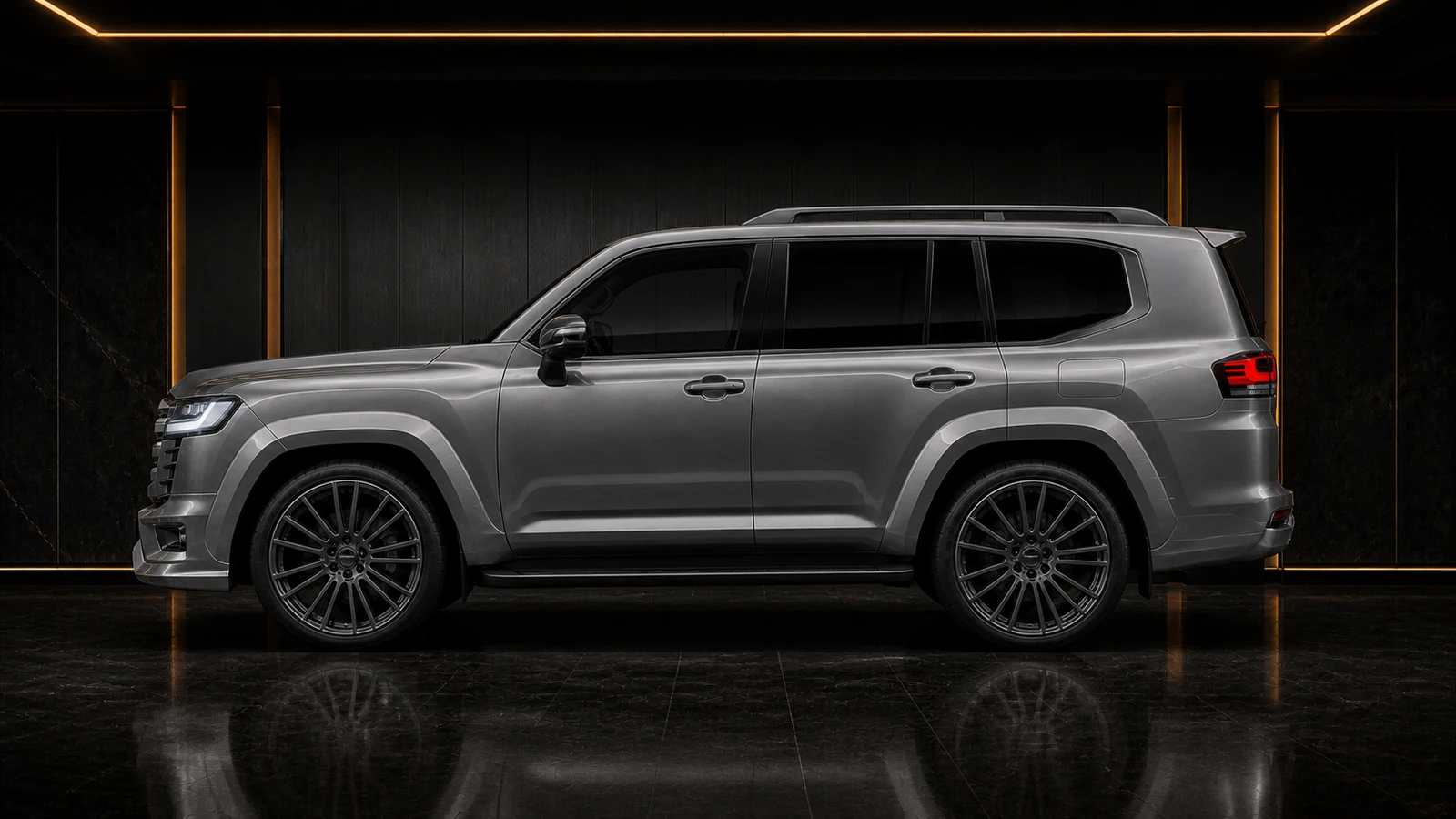 Titanium Grey Land Cruiser 300 ZX smooth plus 30 mm arches and factory running board AI concept profile