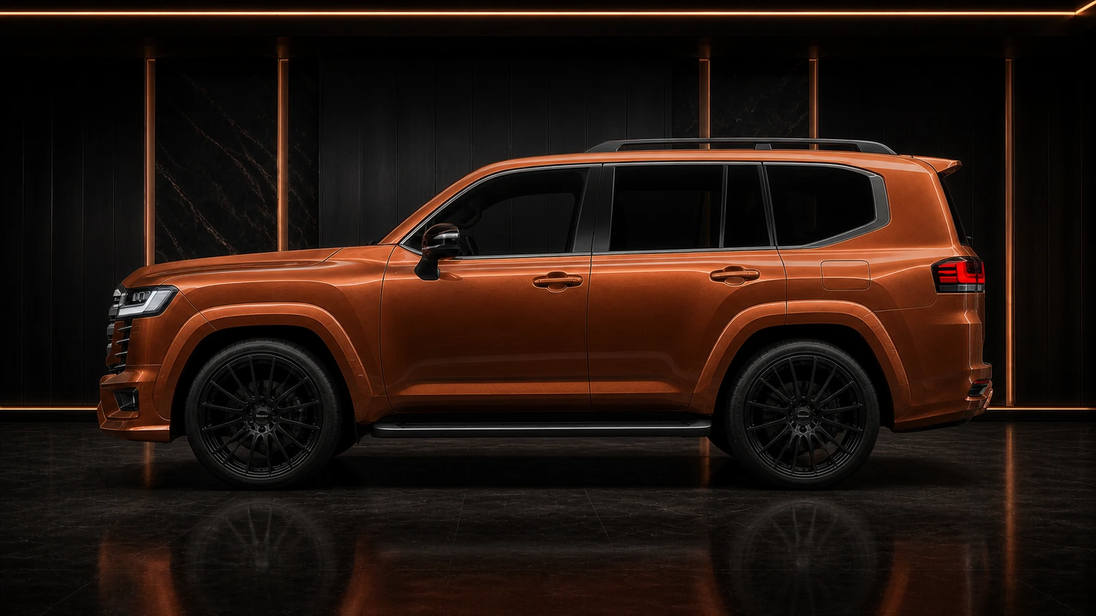 Borneo Copper Land Cruiser 300 ZX smooth plus 30 mm arches and factory running board AI concept profile