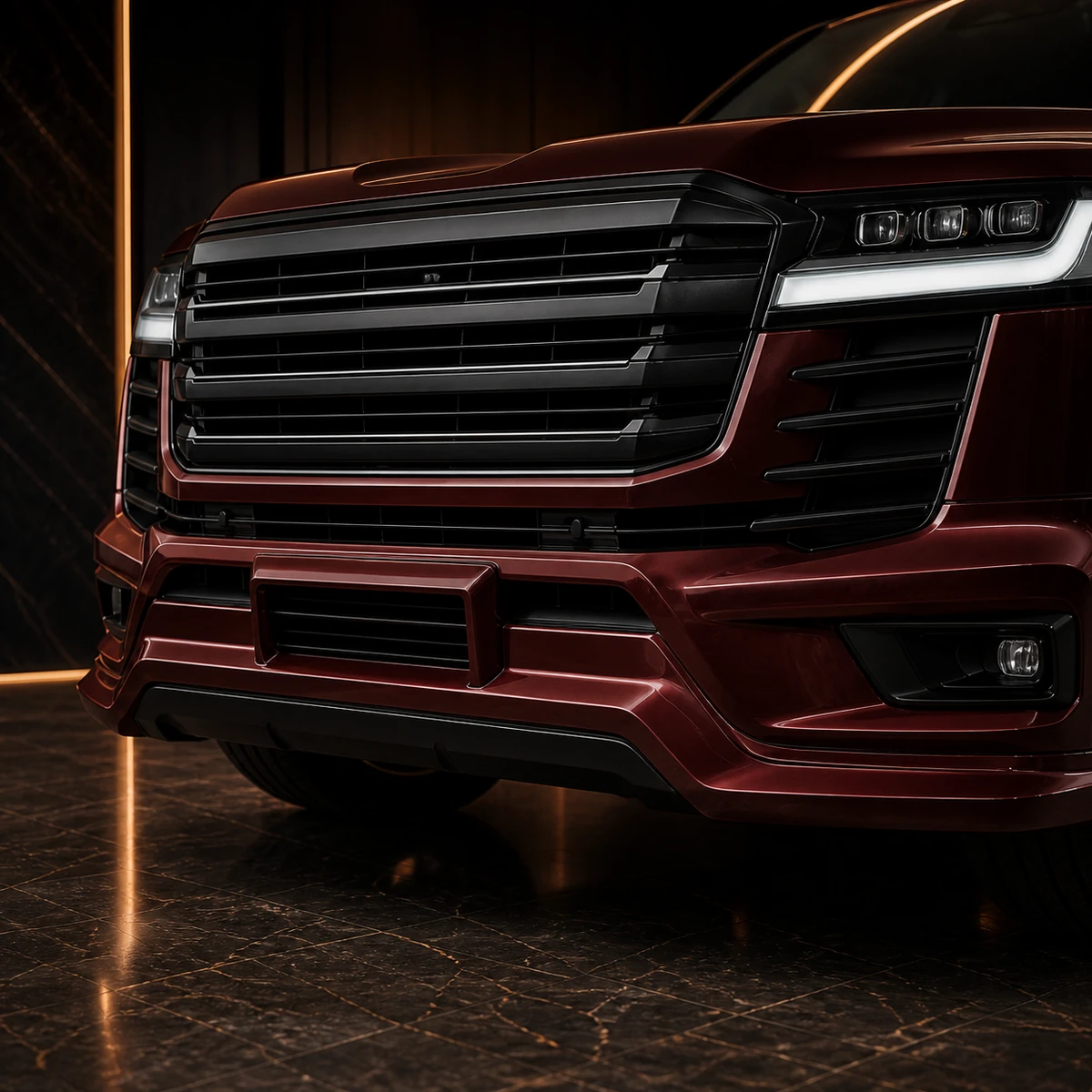 Deep Burgundy Land Cruiser 300 ZX Urban front half spoiler and number-base AI concept detail