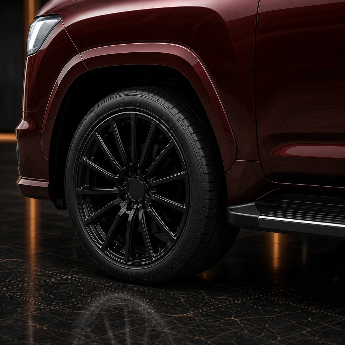 Land Cruiser 300 ZX original factory-width Deep Burgundy arch black wheel and running board AI concept detail
