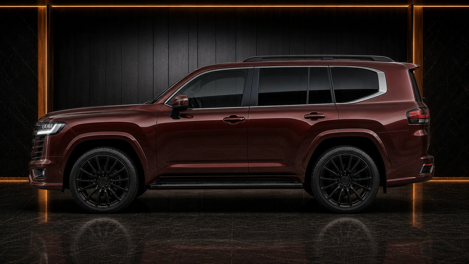 Deep Burgundy factory-width Land Cruiser 300 ZX black wheels and original arches AI concept profile